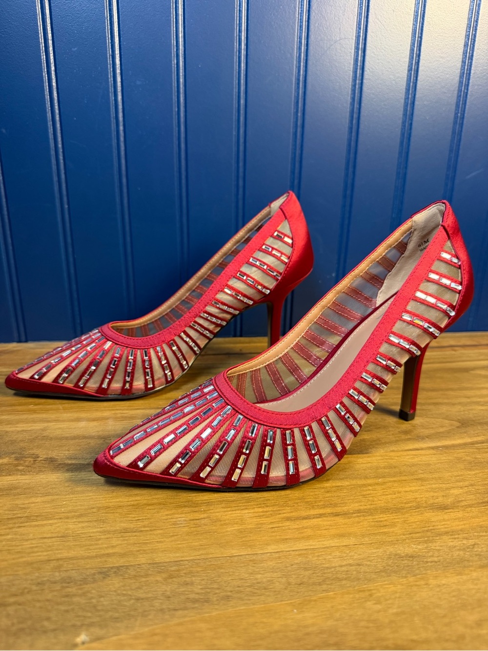 NIB Linea Paolo Paola-L Ruby Red Satin Crystal Mesh Pumps Heels Multiple Sizes